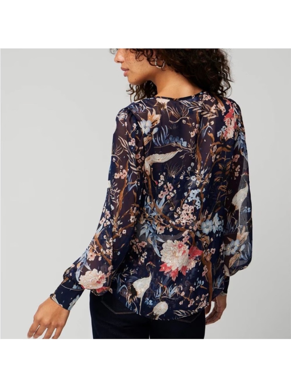 WHBM Navy Floral Sheer Metallic Tie Neck Blouse (NWT) Large - Picture 2 of 6